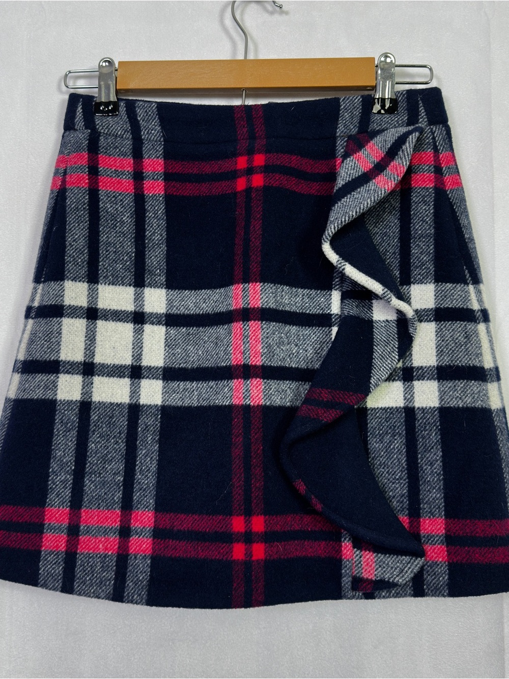 J. Crew Plaid Ruffle Mini Skirt Wool Double-Serge Red Blue Preppy 00 Lined